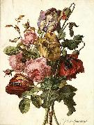 Gerard van Spaendonck, Bouquet of Tulips, Roses and an Opium Poppy, with a Pale Clouded Yellow Butterfly, a Red Longhorn Beetle and a Sevenspotted Ladybug